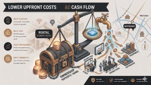 diagram showing how renting office space preserves cash flow for business operations compared to buying property.