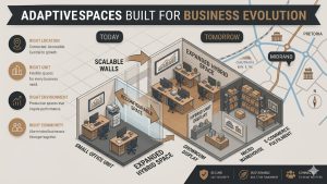 floor plan showing a small office expanding into a hybrid office and storage space to demonstrate commercial lease scalability.
