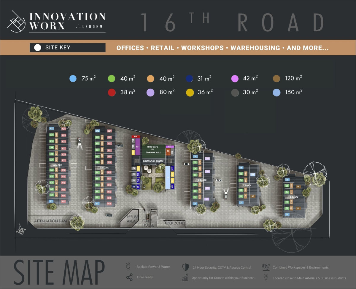 site plan of innovation worx - 16th road showing the layout of commercial units in midrand