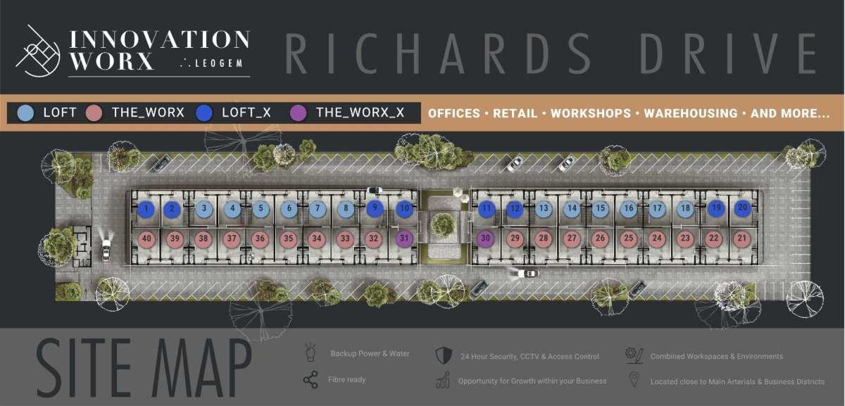 site plan of innovation worx - richards drive showing the layout of commercial units in midrand