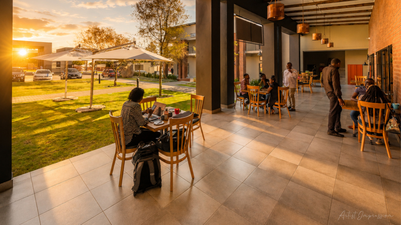 outdoor seating and cafeteria area at innovation worx - 16th road with people seated
