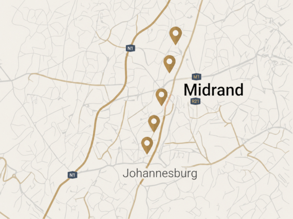 map of midrand showing the five innovation worx commercial property parks: midrand junction, commercial park, richards drive, business park and 16th road